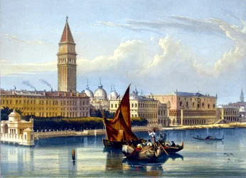 Udsigt over den store kanal og Markuspladsen. Venedig Akvarel fra slutningen af det 18., begyndelsen af det 19. århundrede