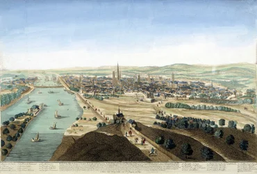 Udsigt over havnen og byen Rouen; Stik af det 18. århundrede.