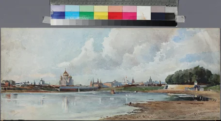 Vue de Moscou despuis le jardin Neskoutchni - Udsigt over Moskva fra Neskuchny-haven, Anonym . Akvarel på papir, ca 1880-1885. Statens Museum for A.S. Pushkin, Moskva