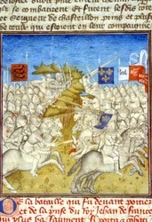 Hundredeårskrig: Slaget ved Poitiers - i "" Grandes Chronicles de Saint-Denis"", slutningen af det 14. århundrede (ref. 512, 392v)