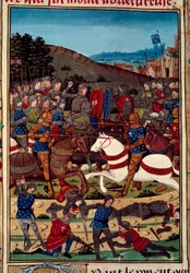 War of the League of Public Good (eller adeliges oprør): slaget ved Montlhery den 16/07/1465 mellem Ludvig XI (1423-1483) og Charles, greve af Charolais (fremtidige Charles the Temeraire) (1433-1477). Miniature belyst fra manuskriptet "" Vigiles du r