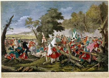 Den spanske arvefølgekrig (1701-1714): syn på slaget ved Malplaquet nær Mons på den fransk-belgiske grænse 11/09/1709 mod franske og spanske tropper til en engelsk, hollandsk og østrigsk koalition - Aftryk af 1709 - BN Paris