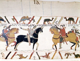 Vilhelm I Erobreren (1027 - 1087) mødte Harold II (1022 - 1066), konge af England, efter at have befriet ham. Bayeux-tapet, kendt som Broderi af Dronning Mathilde