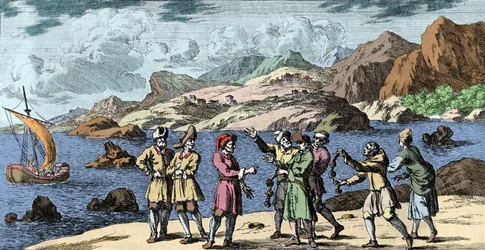 Hekseri og overbevisninger: Finske og samer, der provokerer en storm ved tre knobs magi. Gravering fra "Mundi Mirabilis Oeconomia" af Johann Zahn (1631-1707)