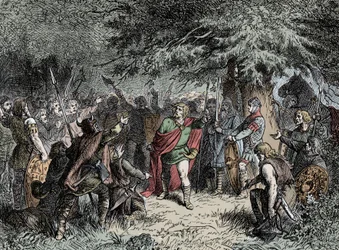 Wittekind kalder sine saksere til våben - Widukind af Sachsen (ca. 750-810) opfordrer sakserne til at hæve deres våben mod Franco-invasionen af Karl den Store i 777