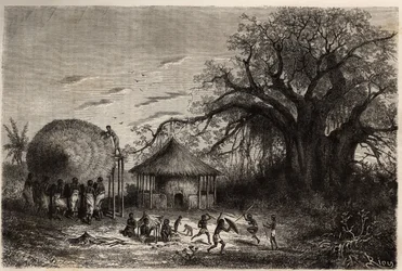 Kvinder fra udkanten af Zambeze vinker hytter og i forgrunden, børns leg. Indgravering til illustration af Dr. Livingstones første rejser til det sydlige Afrika fra 1840 til 1856, i "Le tour du monde, nouveau journal des voyages"" udgivet under den direkte