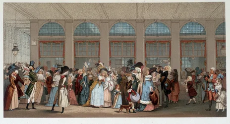 Verdensvandring i trægalleriet i Palais Royal, slutningen af det 18. århundrede - chromo efter indgraveringen af Debucourt
