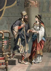 Xerxes I, Persiens achaemenidiske konge (519-465 f.Kr.), med sin hustru Amestris. Stik fra 1881 i «El Culto de la Hermosura» af Juan Justo Huguet, Molinas Hermanos Editores