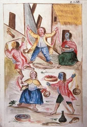 Unge indianere danser under karnevallet, fra bogen "Trujillo del Peru" eller "Códice Martínez Compañón", af Baltazar Martinez Compañón y Bujanda, biskop af Trujillo (1782-1785)