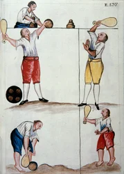 Unge metisser, der spiller et boldspil, fra bogen "Trujillo del Peru" eller "Códice Martínez Compañón", af Baltazar Martinez Compañón y Bujanda, biskop af Trujillo (1782-1785)