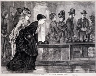Unge kvinder, der spiller bowling, i USA, omkring 1870 - gravering