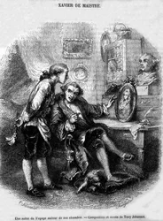 illustration af "" Rejse rundt i mit værelse "" (1794) af Xavier de Maistre.