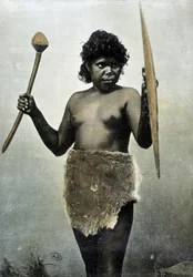 Australsk aboriginsk kone med ansvar for sin mands våben - autokrom