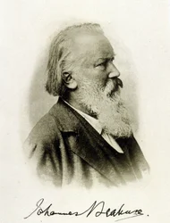 Portræt af Johannes Brahms (1833 - 1897), tysk komponist på et autograffotografi.