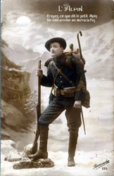 Postkort fra første verdenskrig, alpejæger. "Tro på, hvad den lille alpejæger siger, militarismen vil se enden." (foto)