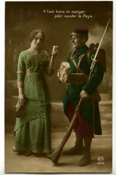 Krig 1914 - 1918 (14-18): periodepostkort, der viser en fransk soldat i blå horisont-uniform (blå horisont), der tager imod brød og vin, som en ung kvinde har bragt til ham: drik og spis for at redde landet - mad -.