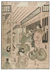 Scene fra Shin Yoshiwara (triptykon). Bordelinteriør i Yoshiwara-kvarteret med kurtisaner og kunder, ca. 1830-1843 (træsnit på papir)