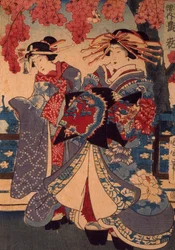 To kvinder i en blomsterhave, af Utagawa Kunisada, træsnit, creponteknik