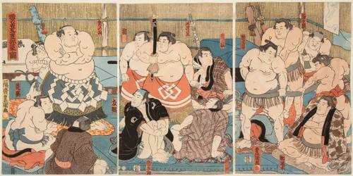 Et billede af ky-rummet, som blev holdt på det lille spillested. Illustreret af Utagawa Kunisada (1786-1865)