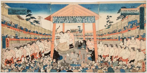 Kanjin Ozumo (optog af sumobrydere til en indsamlingskamp). Tryk af Utagawa Kunisada (1786-1865) - Kanjin Ozumo, af Kunisada (Toyokuni III), Utagawa (1786-1865). Farve træsnit, ca. 1850. Mål : 37,5x75,5 cm. Privat samling