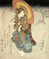 Iwai Kumesaburo II i rollen som en elsker, ca. 1827-30 (farvet træbloktryk)