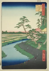 Bashos hytte på Camellia Hill ved siden af akvadukten i Sekiguchi (Sekiguchi josui-bata Bashoan Tsubakiyama), fra serien "Hundrede berømte udsigter over Edo (Meisho Edo hyakkei)".
