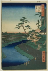Bashos hytte på Camellia Hill ved siden af akvadukten i Sekiguchi, fra serien "Hundrede berømte udsigter over Edo (Meisho Edo hyakkei)".