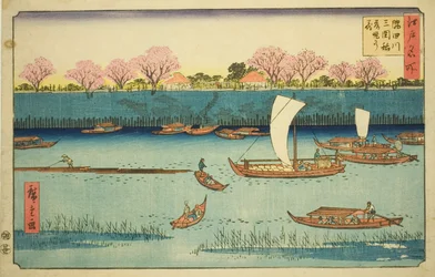 Kirsebærtræer langs Sumida-flodens dæmning ved Mimeguri Inari-helligdommen (Sumidagawa Mimeguri Inari tsutsumi no hana), fra serien "Famous Places in Edo (Edo meisho)"