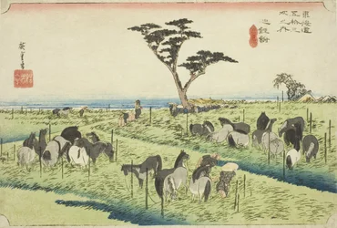 Chiryu: Early Summer Horse Market (Chiryu, shuka uma ichi), fra serien "Fifty-three Stations of the Tokaido (Tokaido gojusan tsugi no uchi)," også kendt som Hoeido Tokaido
