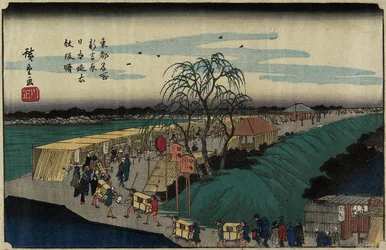 Daggry ved Emonzaka Hill i Nihon-zutsumi Bank, Shin-Yoshiwara, ca. 1830