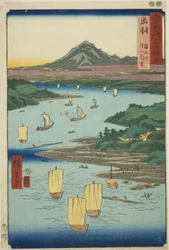 Dewa-provinsen: Mogami-floden og en fjern udsigt over Gassan-bjerget (Dewa, Mogamigawa, Gassan enbo), fra serien "Famous Places in the Sixty-odd Provinces (Rokujuyoshu meisho zue)"