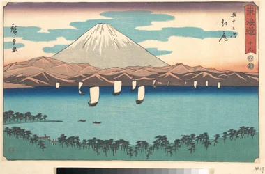 Ejiri, nummer 19, fra serien Treoghalvtreds stationer på Tōkaidō-vejen (Tōkaidō gojūsan tsugi), også kendt som Tōkaidō i klerikalskrift (Reisho Tōkaidō)