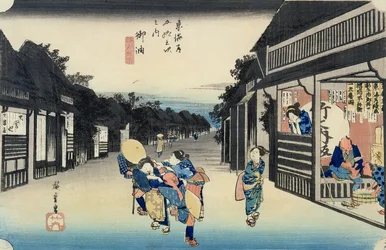 Goyu: Servitricer, der hverver rejsende, fra serien «Tokaidos 53 stationer», udgivet 1833-34
