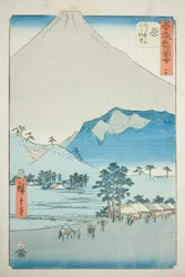 Hara: Udsigt over Ashitaka-bjergene og Fuji-bjerget (Hara, Ashitakayama Fuji chobo), nr. 14 fra serien "Famous Sights of the Fifty-tre Stations (Gojusan tsugi meisho zue)," også kendt som den lodrette Tokaido