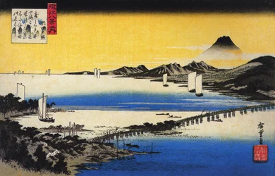 Hiroshige Udsigt til en lang bro over en sø