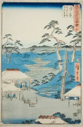 Hodogaya: Fjernsyn over Kamakura-bjergene fra hvilehuset nær grænsetræet (Hodogaya, Kyoboku tateba Kamakura yama enbo), nr. 5 fra serien "Famous Sights of the Fifty-tre Stations (Gojusan tsugi meisho zue)," også kendt som Verti
