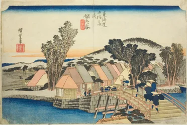 Hodogaya: Shinmachi Bridge (Hodogaya, Shinmachibashi), fra serien "Fifty-three Stations of the Tokaido Road (Tokaido gojusan tsugi no uchi)," også kendt som Hoeido Tokaido