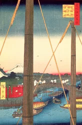Inari Bridge and Minato Shrine, Teppozu, plade 77 fra serien One Hundred Famous Views of Edo, Edo Period, Ansei Era, 1857 (træbloktryk)