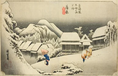 Kanbara: Evening Snow (Kanbara, yoru no yuki), fra serien "Fifty-three Stations of the Tokaido (Tokaido gojusan tsugi no uchi)," også kendt som Hoeido Tokaido