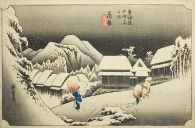 Kanbara: Evening Snow (Kanbara, yoru no yuki), fra serien "Fifty-three Stations of the Tokaido (Tokaido gojusan tsugi no uchi)," også kendt som Hoeido Tokaido