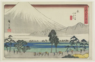 Kashiwahara rasteplads ved dammen med udsigt til Fuji-bjerget, Hara, 1841-1842