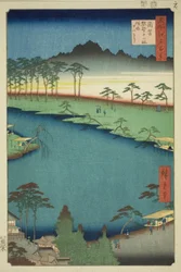 Kumano Junisha-helligdommen i Tsunohazu, populært kendt som Juniso (Tsunohazu Kumano Junisha, zokusho Juniso), fra serien "One Hundred Famous Views of Edo (Meisho Edo hyakkei)"