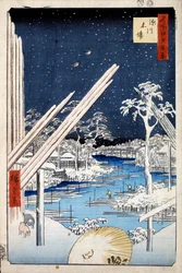 Trælastgårde ved Fukagawa hundrede berømte udsigter over Edo, 1856-1858.