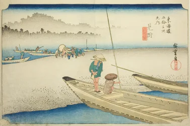 Mitsuke: Tenryu River View (Mitsuke, Tenryugawa zu), fra serien "Fifty-three Stations of the Tokaido (Tokaido gojusan tsugi no uchi)," også kendt som Hoeido Tokaido