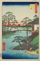 Mokubo Temple, Uchigawa Inlet, Gozensaihata (Mokuboji Uchigawa Gozensaihata), nr. 92 fra serien "One Hundred Famous Views of Edo (Meisho Edo hyakkei)".