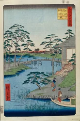 Mokuboji-templet og grøntsagsmarker på Uchigawa-fjorden Hundrede berømte udsigter over Edo, 1856-1858