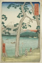 Mout Fuji set fra venstre på Tokaido (Tokaido hidari Fuji), fra serien "Seksogtredive udsigter over Mount Fuji (Fuji sanjurokkei)"