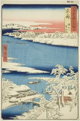 Musashi-provinsen: Morgen efter sne på Sumida-floden (Musashi, Sumidagawa yuki no ashita), fra serien "Famous Places in the Sixty-odd Provinces (Rokujuyoshu meisho zue)"