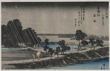 Night Rain at the Azuma Shrine fra serien Eight Views of the Environs of Edo, midten af 1830