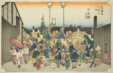 Nihonbashi: Procession Departing (Nihonbashi, gyoretsu furidashi), fra serien "Fifty-three Stations of the Tokaido Road (Tokaido gojusan tsugi no uchi)," også kendt som Hoeido Tokaido